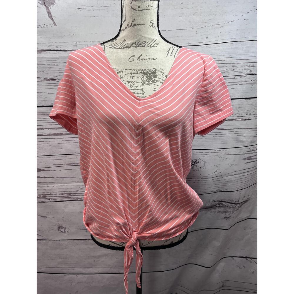 Jones New York Medium‎ Peach White Striped Tie-Front V-Neck Top
